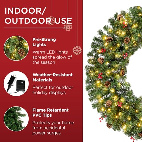 Best Choice Products 60in Large Artificial Pre-Lit Fir Christmas Wreath Holiday Accent Decoration w/ 300 LED Lights, 930 PVC Tips