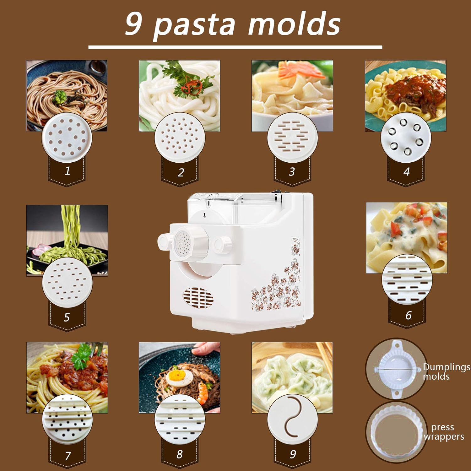 JIAWANSHUN Automatic Pasta Maker Electric Noodle Maker Machine 10molds for Pasta Macaroni Dumpling wrappers 10Mintues for Breakfast (110V)
