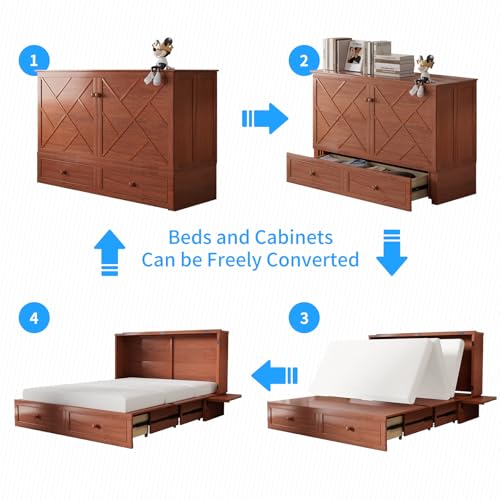 PUREMIND Queen Murphy Bed with Storage Drawers, Camas Con Colchon Incluido, Hideaway Chest Beds with Built-in Charging Station