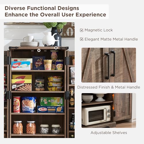 72" Tall Kitchen Pantry, Farmhouse Storage Cabinet with Barn Doors, Organizer, Drawer and Adjustable Shelves, Rustic Wood Cupboard for Kitchen