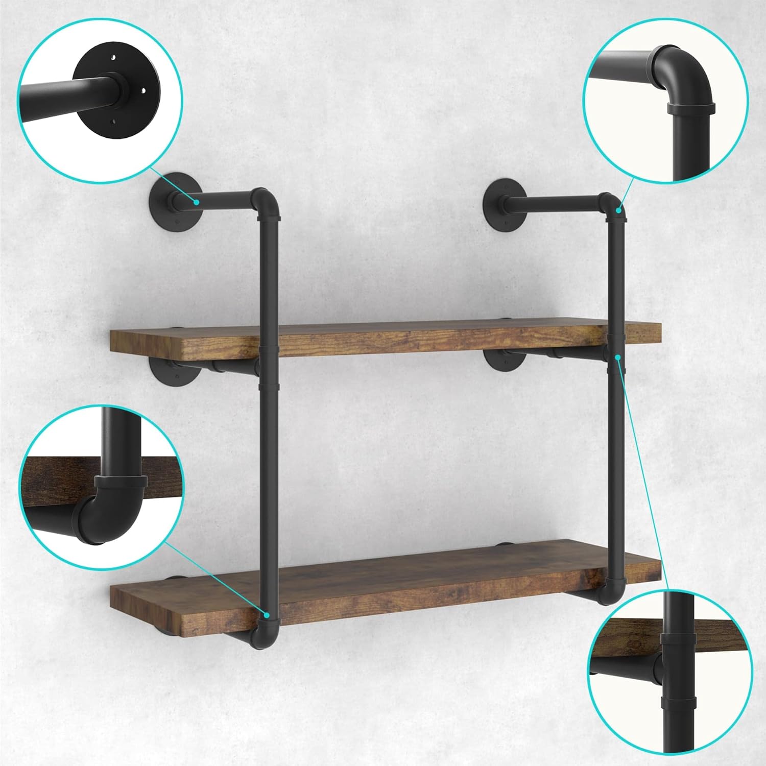 CADMIC Industrial Wall Mount Iron Pipe Shelf for Office Room Kitchen DIY Open Bookshelf Retro Black Storage Shelves Pipe Shelving Hung Bracket (3