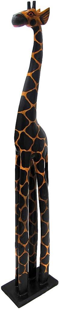 39 Inch Tall Hand-Carved Wooden Giraffe Statue Decor