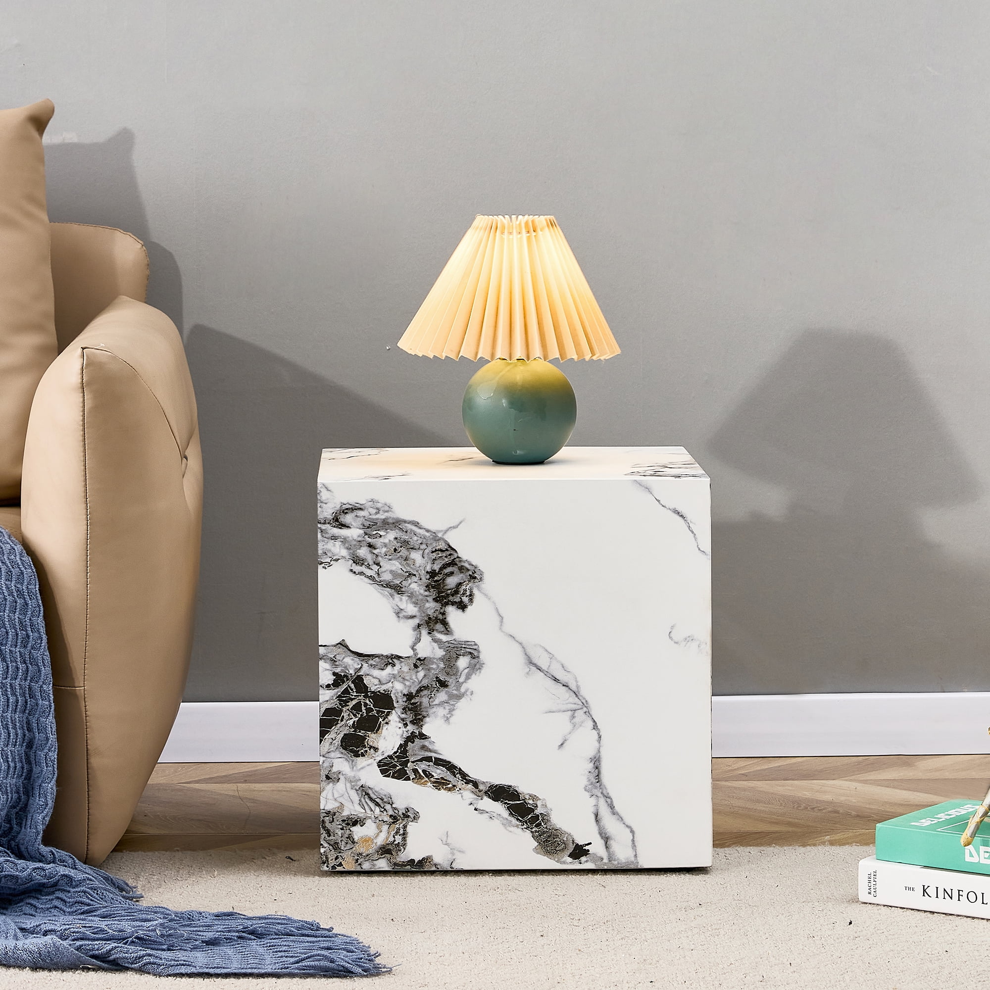 15.75 inches Modern White Cube Coffee Table - Stylish Texture Design, MDF + Sticker Material Construction