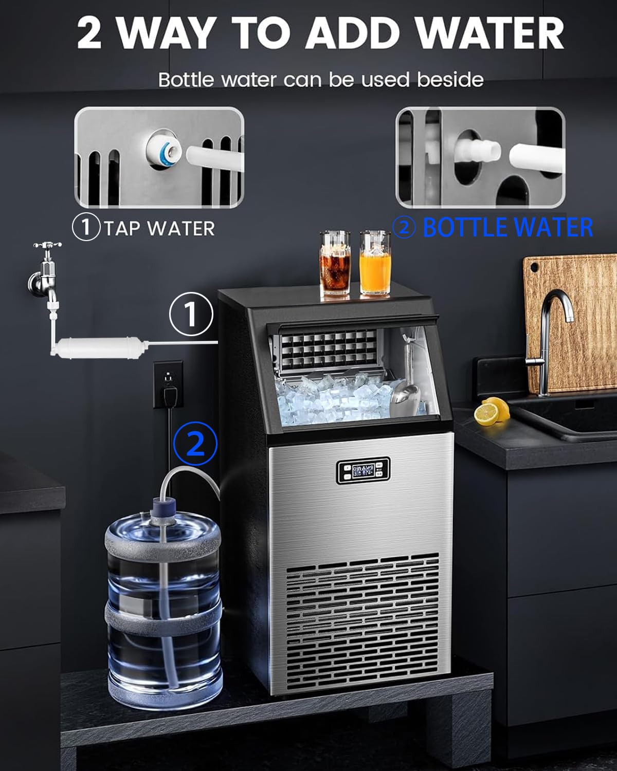 Kndko Commercial Ice Maker Machine, 100 lbs/24H, Stainless Steel Ice Maker with 2 Way Add Water, Under Counter Ice Machine, Freestanding Ice Maker