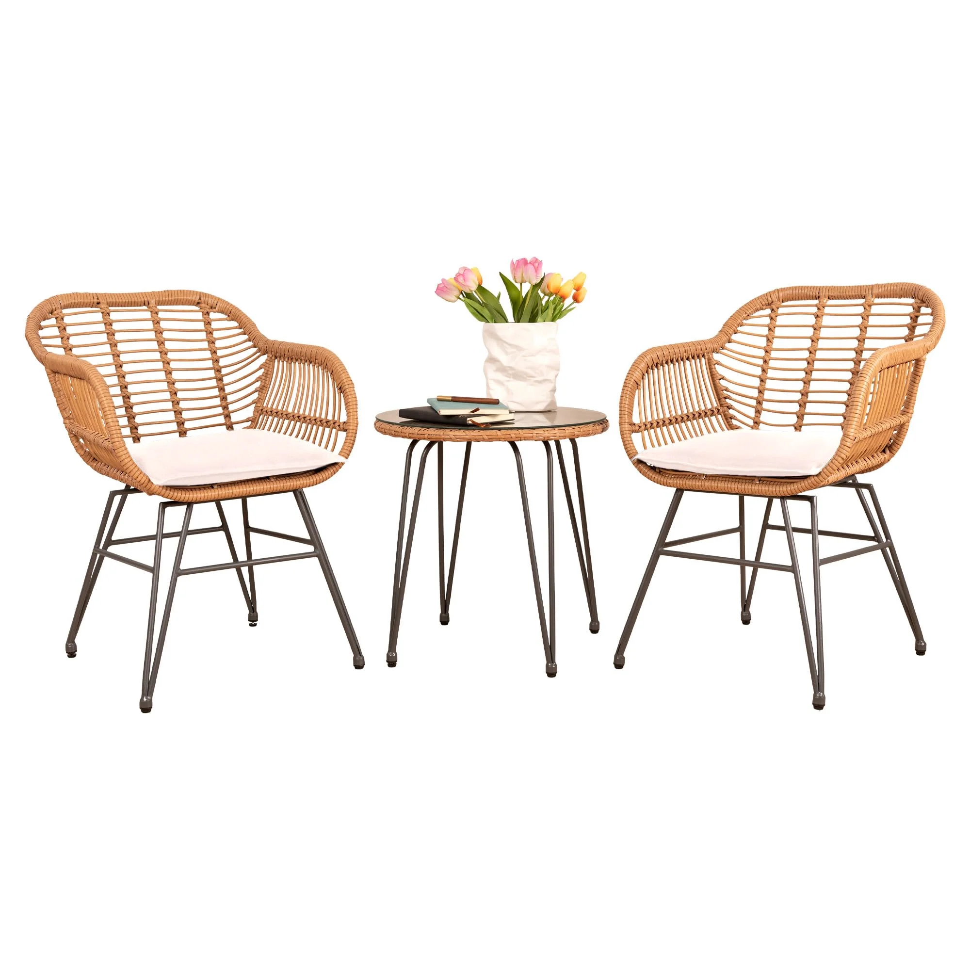 Tappio 3 Piece Outdoor Wicker Furniture Patio Bistro Set, PE Rattan Wicker Chairs Set with Table and Cushions