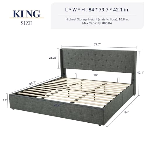 Allewie Full Size Lift Up Storage Bed, Modern Wingback Headboard, Hydraulic Support, No Box Spring Needed, Light Beige