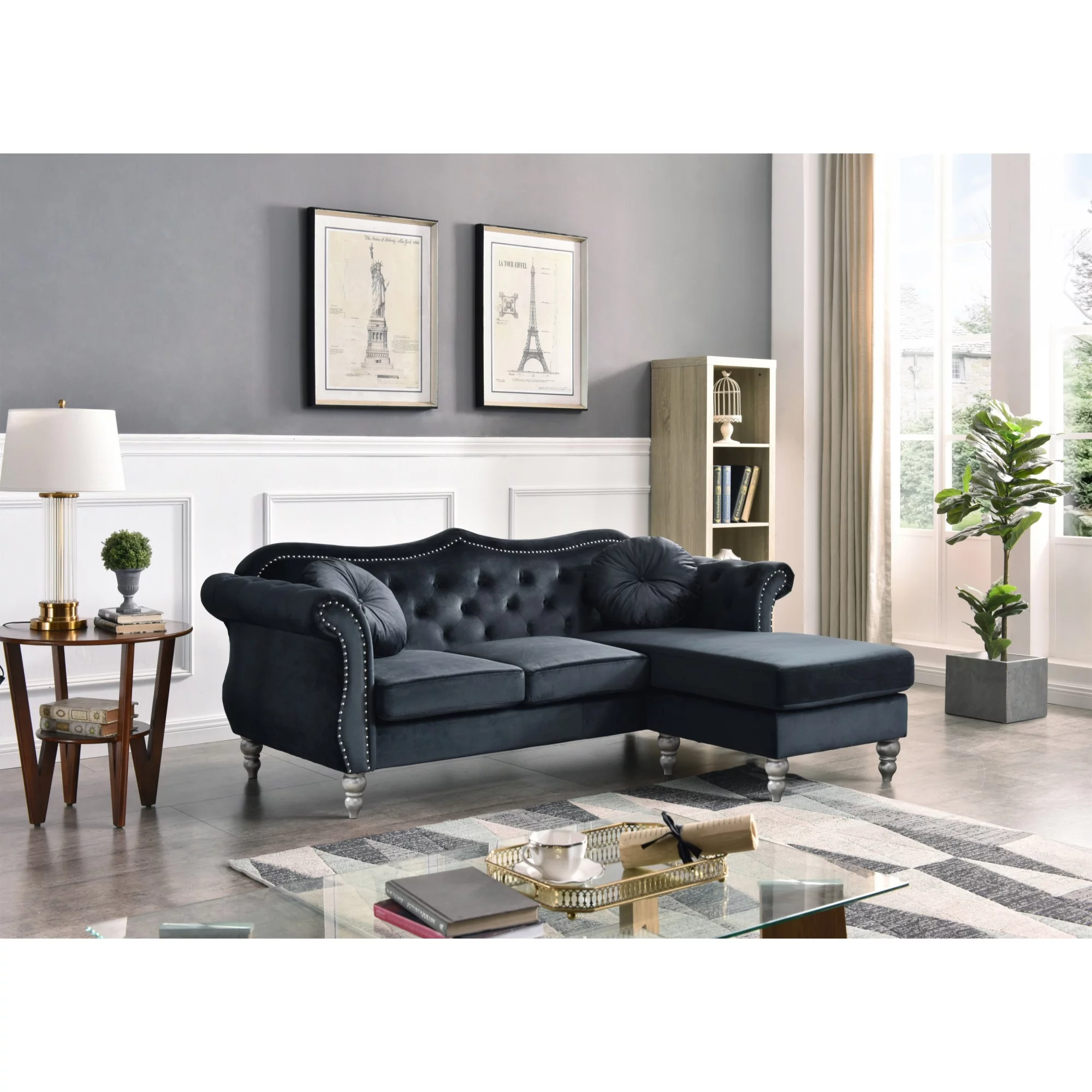 Passion Furniture Hollywood 81 in. Black Velvet Chesterfield Sectional Sofa with 2-Throw Pillow