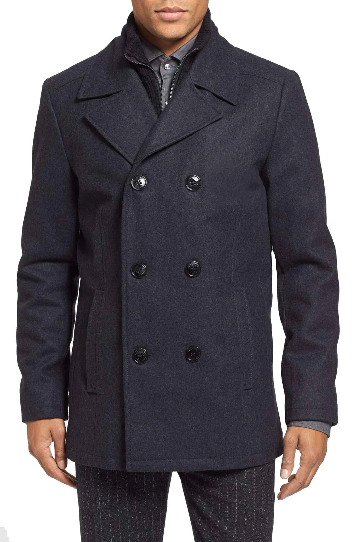 Kenneth Cole Men&s Double Breasted Wool Blend Peacoat with Bib - Blue