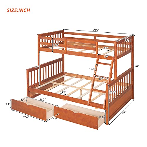 Ball & Cast Full Over Full Bunk Bed with Twin Size Trundle and Built in 4 Drawer,Wood Bunkbed w/Storage Ladder & Slat Support