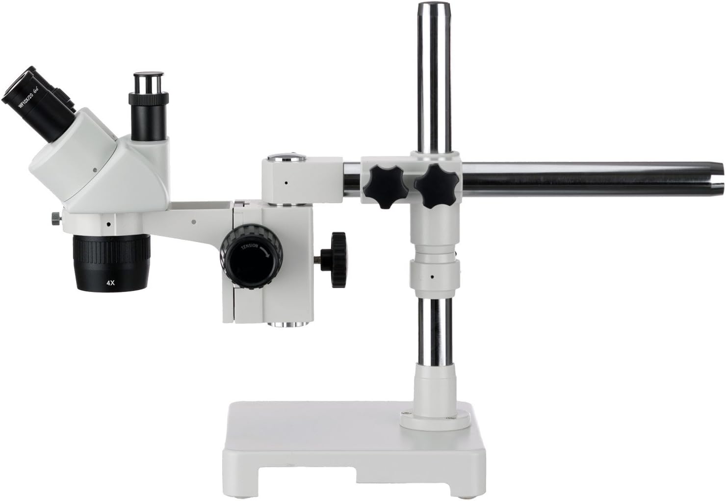 AmScope SW-3T24X Trinocular Stereo Microscope, WH10x Eyepieces, 10X/20X/40X Magnification, 2X/4X Objective, Single-Arm Boom Stand