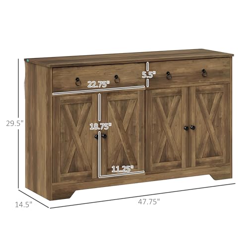 HOMCOM 48" Sideboard Buffet with Storage, Kitchen Storage Cabinet with 2 Drawers and 4 Barn Doors