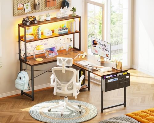 AODK L Shaped Desk Gaming Desk with LED Light & Power Outlet
