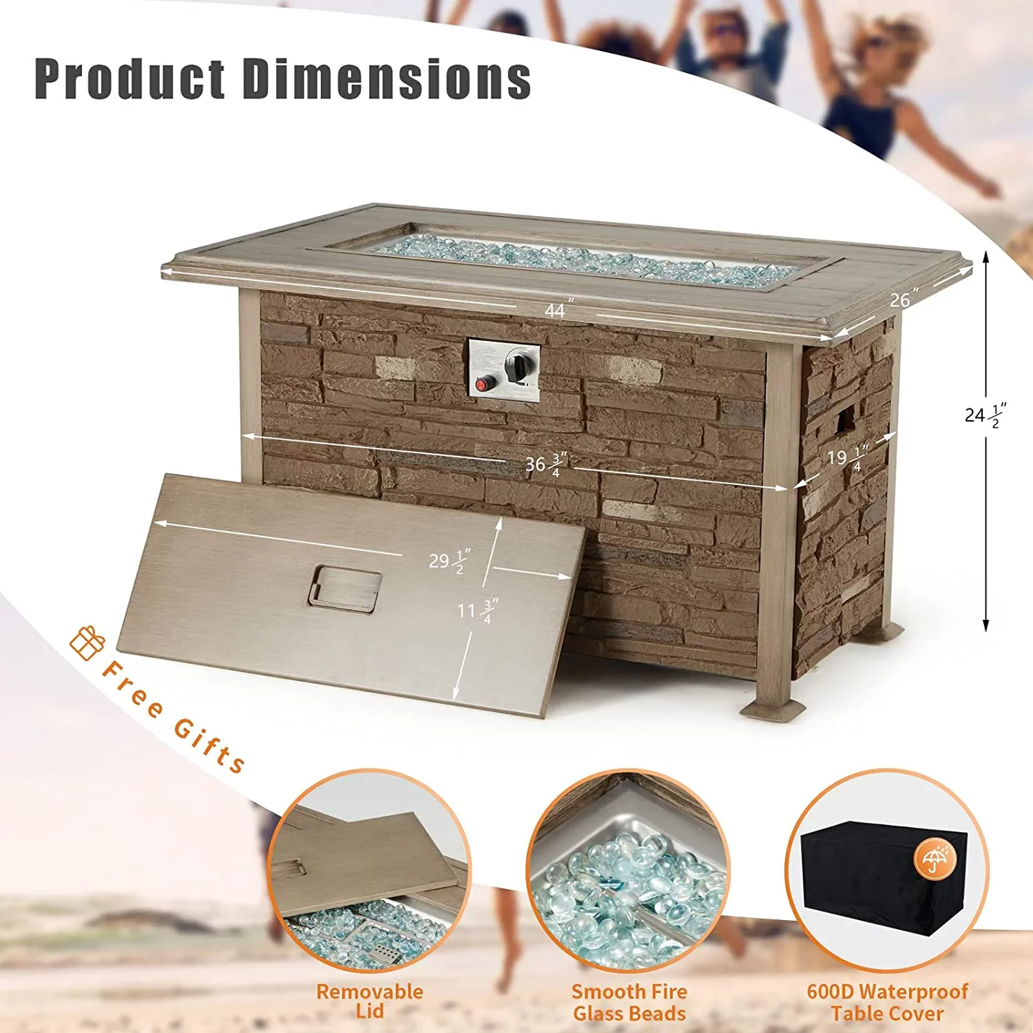 Vicluke 44 inch Aluminum Propane Fire Pit Table with Faux Ledgestone, Hand-Painted Table Top, 50,000 BTU Gas Fire Table with CSA Certification