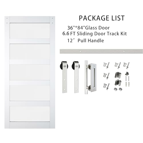 BARNSMITH 42in x 84in Glass Barn Door with 7FT Sliding Door Hardware Kit Included & Handle