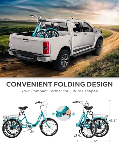 Viribus Folding Adult Tricycle, 20 inch Folding Tricycle for Adults with Lock, 1 or 7 Speed 3 Wheel Bike