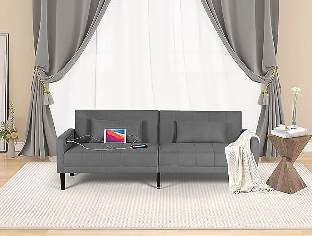 RUNFAYBIU Modern Upholstered Tufted Convertible Folding Futon Sofa Bed w/USB  82\u201D Sleeper Couch Love Seat Pillows  2/3 Seat Loveseat Sofas for