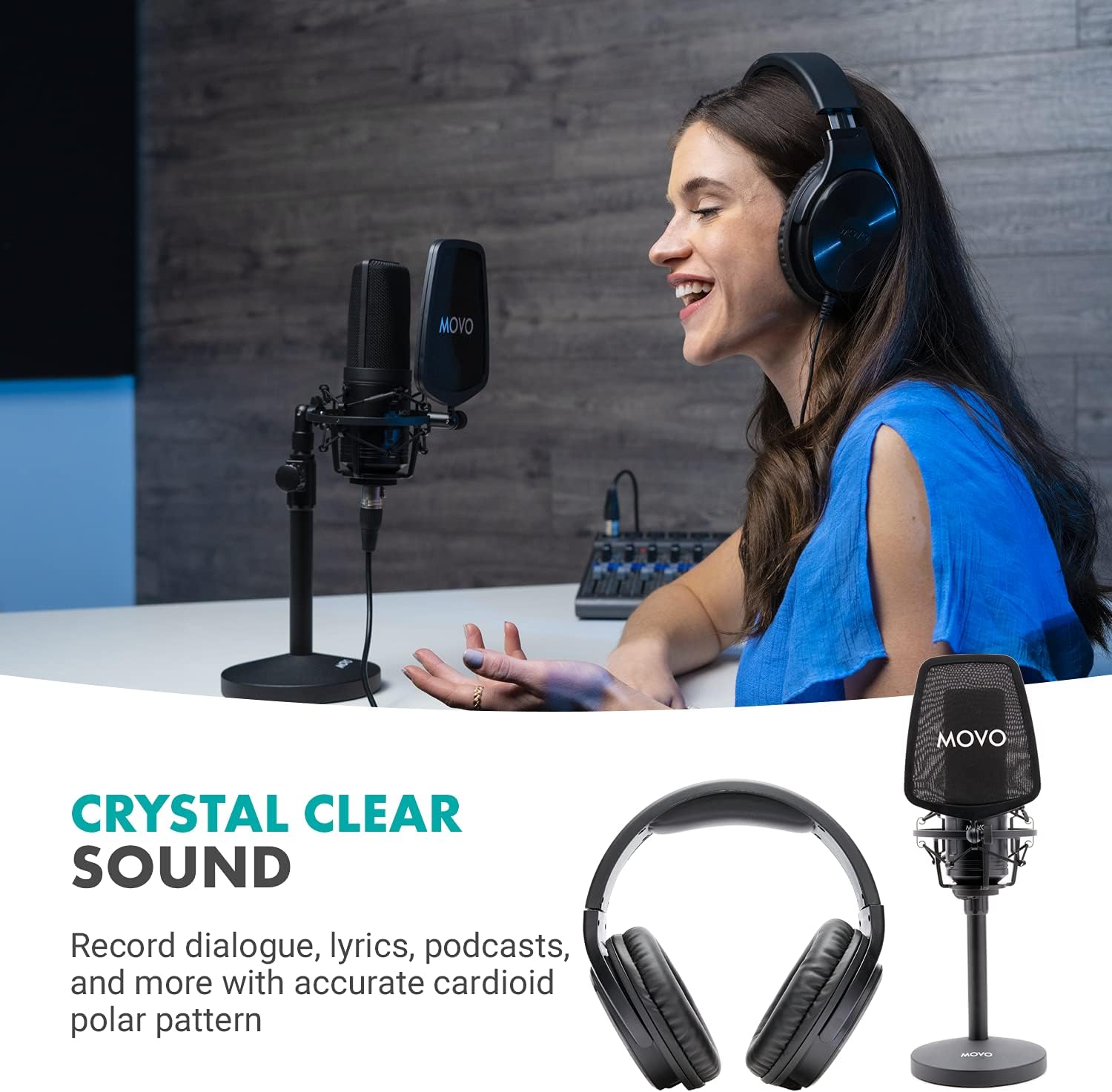 Movo Podcast Equipment Bundle with XLR Wired Microphone, 3.5mm/6.35mm Studio Headphones, and Desktop Mic Stand with Pop Filter