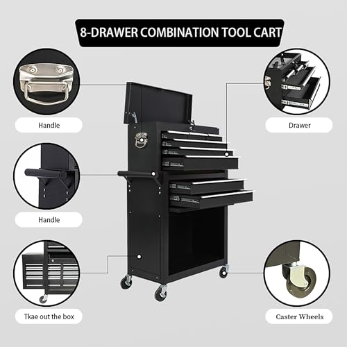 KEIKI 8-Drawer Large Capacity Rolling Tool Chest, Detachable Cabinet Storage with Lock, Tool Box with Wheels for Workshop & Garage, Black Red