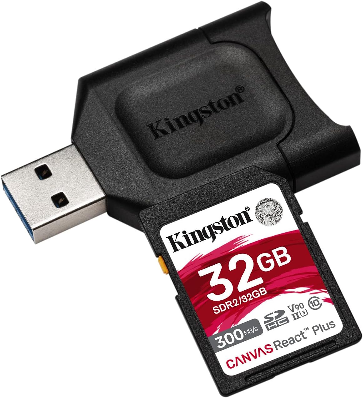 Kingston 32GB Canvas React Plus V90 UHS-II SDXC Card with UHS-II SD Card Reader (2-Pack) and Memory Case Bundle (3 Items) Pack of 2