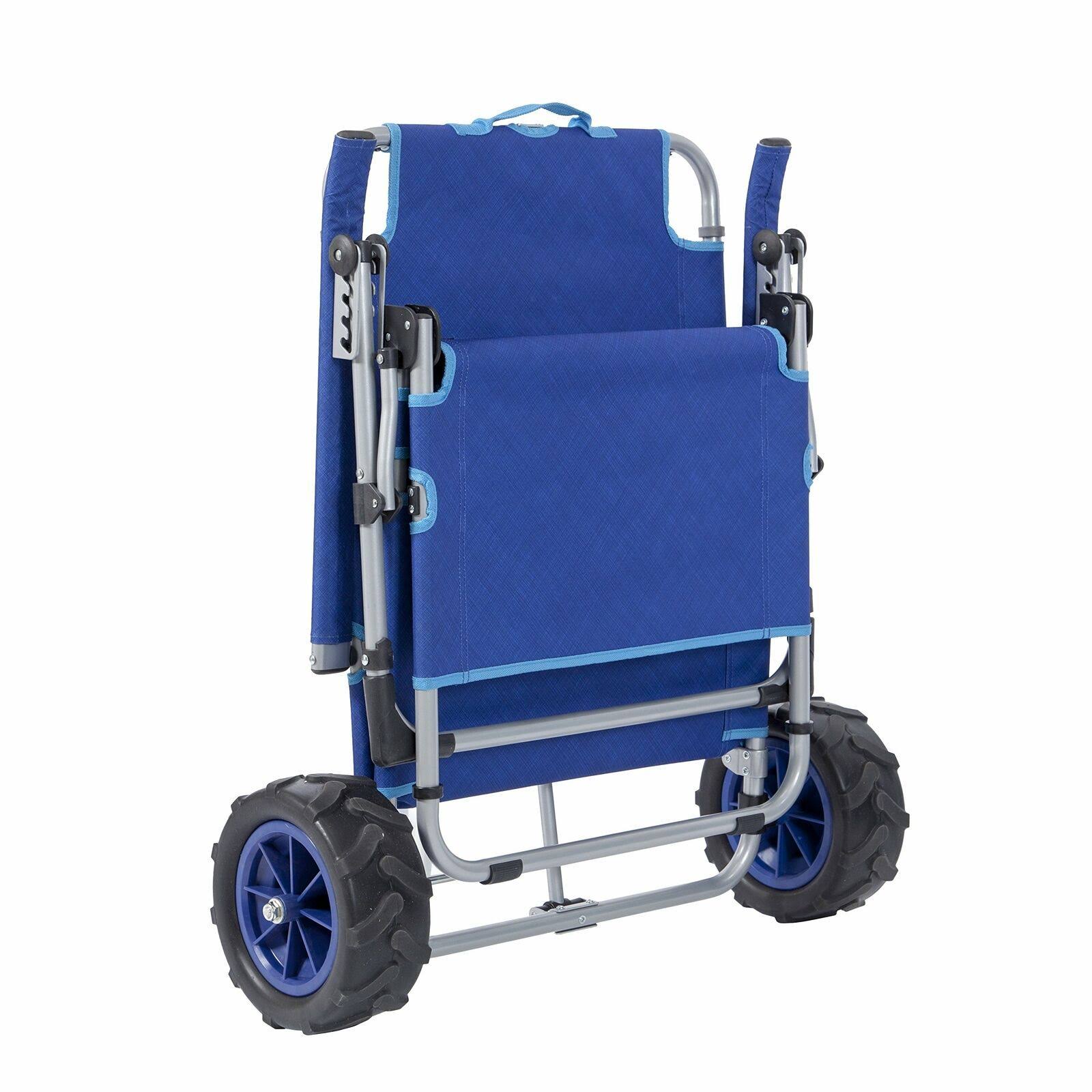 Mac Sports Beach Day Foldable Chaise Lounge Chair u0026 Integrated Pull Cart Combo, Blue