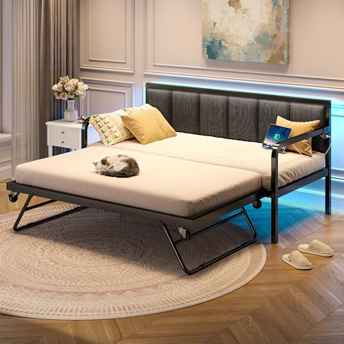 Rolanstar Daybed with Charging Station and LED Lights, Height Adjustable Twin Daybed with Trundle