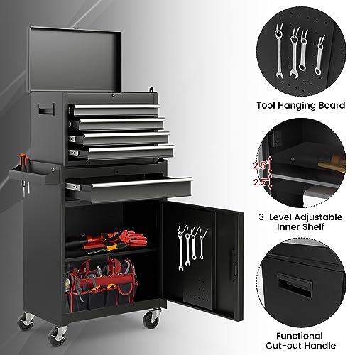 Goplus Rolling Tool Chest, 5-Drawer Tool Box Organizer w/Lockable Wheels & Sliding Drawers & Detachable Top & Adjustable Shelf