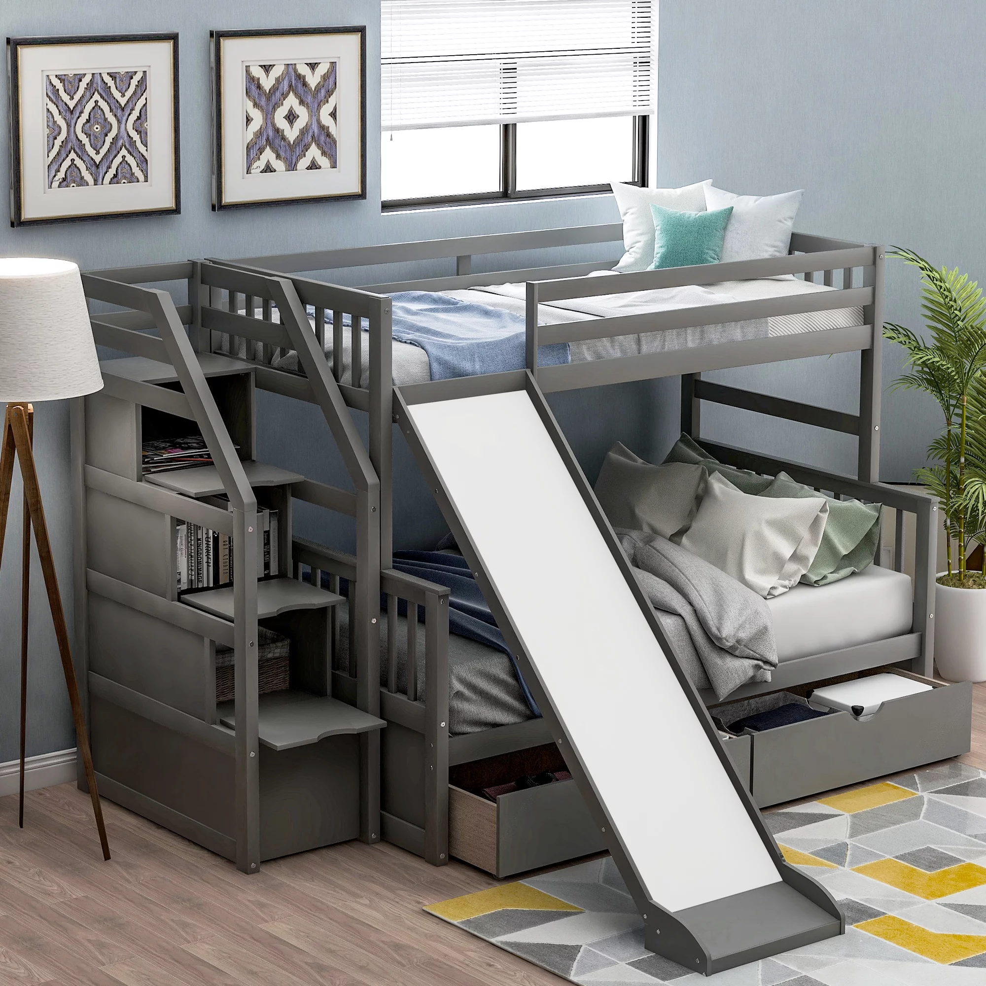 Euroco Wood Twin over Full Bunk Bed with 2 Drawers and Slide, Storage Staircase for Bedroom, Gray - Radiant Selections