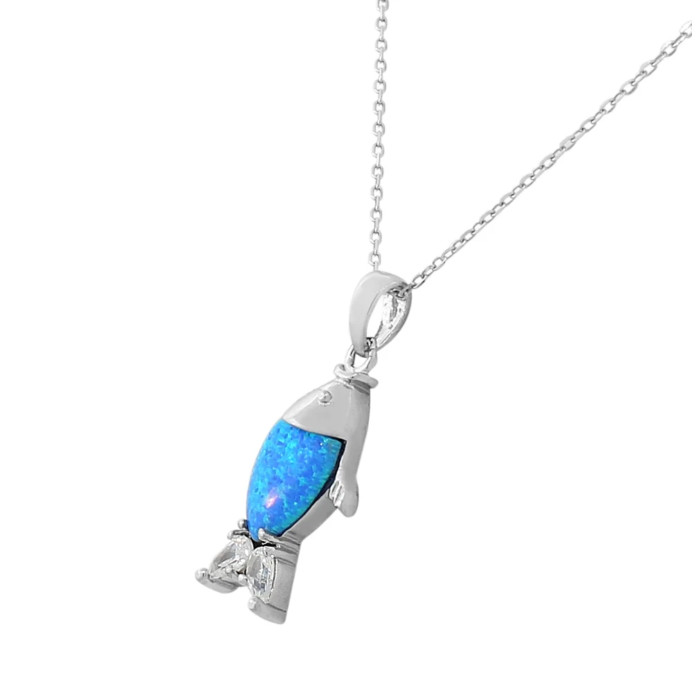 925 Sterling Silver CZ Blue Turquoise-Tone Fish Marine Simulated Opal Pendant Necklace
