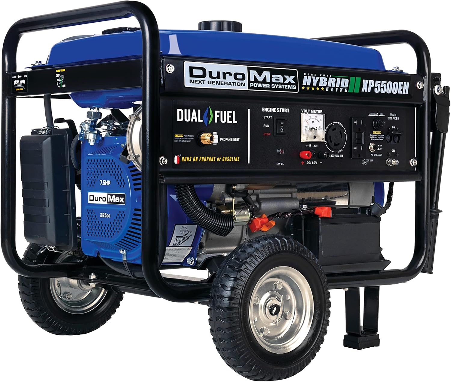 DuroMax XP5500EH Electric Start-Camping & RV Ready, 50 State Approved Dual Fuel Portable Generator-5500 Watt Gas or Propane Powered, Blue/Black