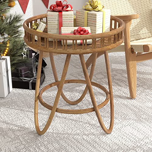 FINECASA Round Rattan Coffee Table, 32'' Wicker Boho Hand-Woven Top