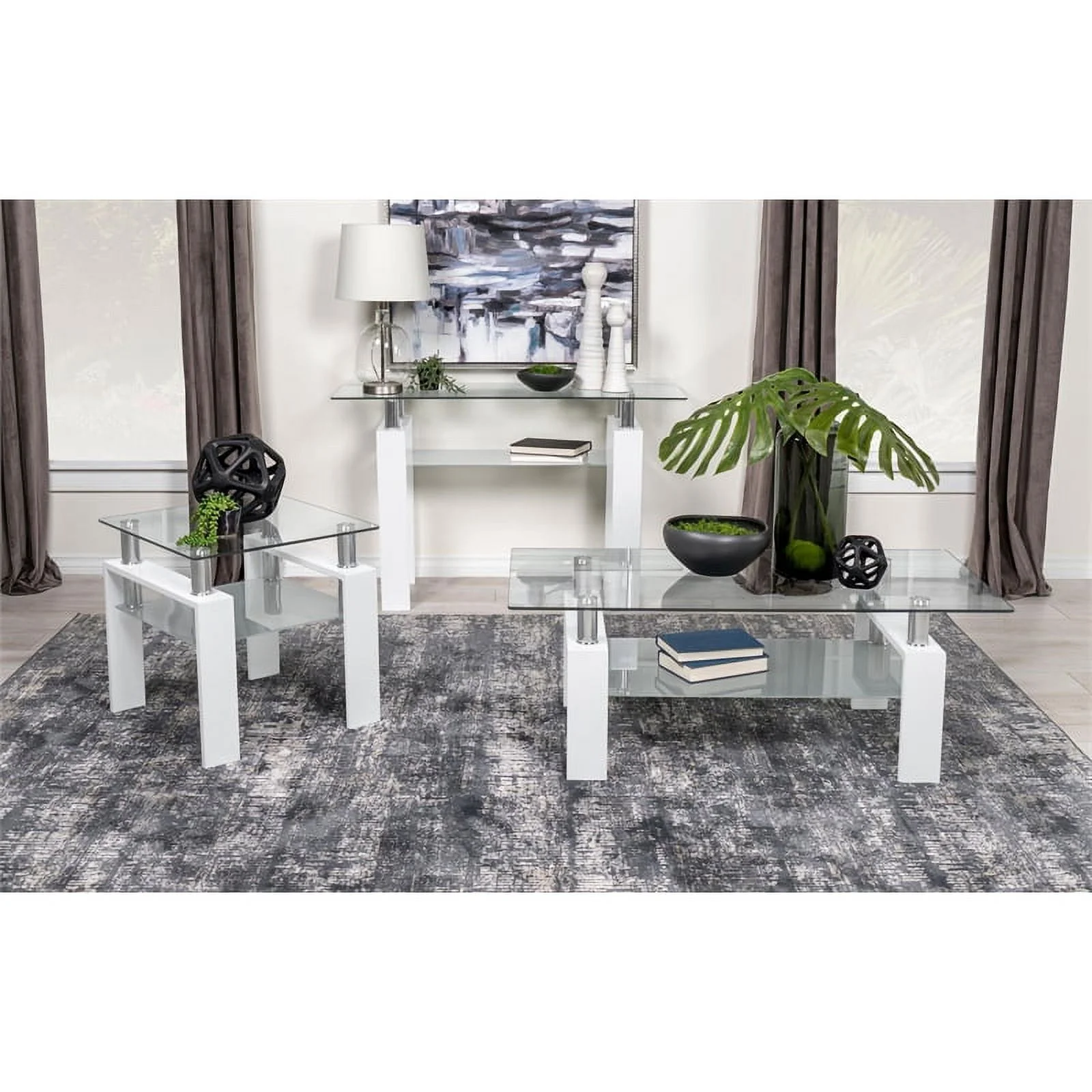 Pemberly Row Metal Rectangular Glass Top Sofa Table With Shelf White