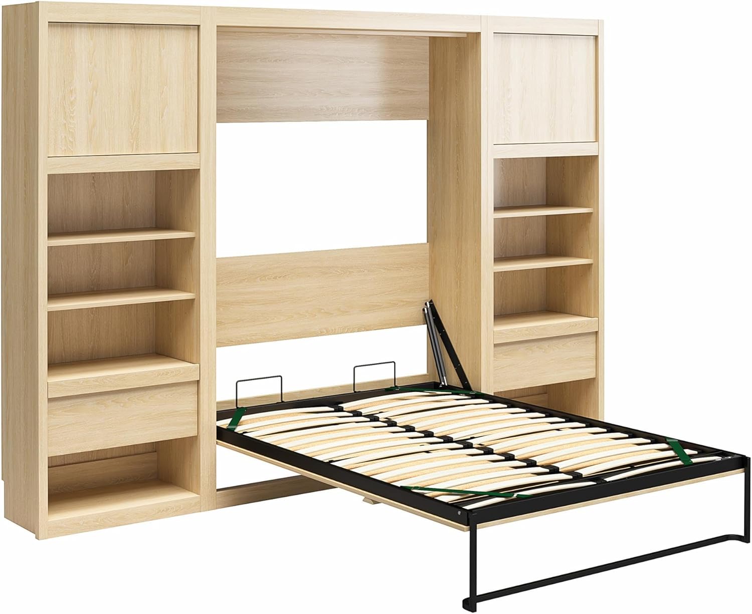 Signature Sleep Full Size Murphy Wall Bed with Wooden Slats in Engineered Wood, with Storage and Charging Station in Light Oak, No Box Spring Needed