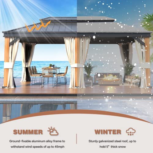 EROMMY 12'x20' Hardtop Gazebo Double Roof Galvanized Steel Canopy Outdoor Aluminum Frame Permanent Metal Pavilion with Netting and Curtains for Patio