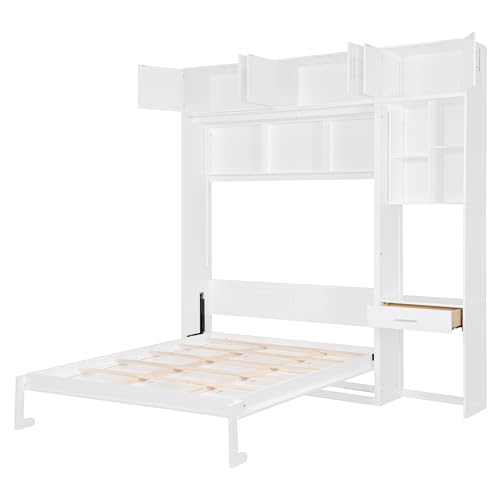 Queen Size Wall Murphy Bed with Desk, Top Cabinet and Storage Shelves, Wood Queen Murphy Hidden Wall Bed for Home Office or Small Room