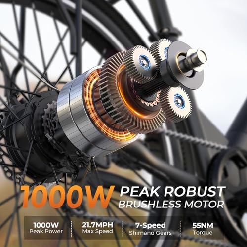 Electric Bike for Adults, 1000W Peak EBike, 50 Miles 21.7MPH Adult Electric Bicycles with 48V Built-in Removable Battery, Adjustable Stem, Rear Rack