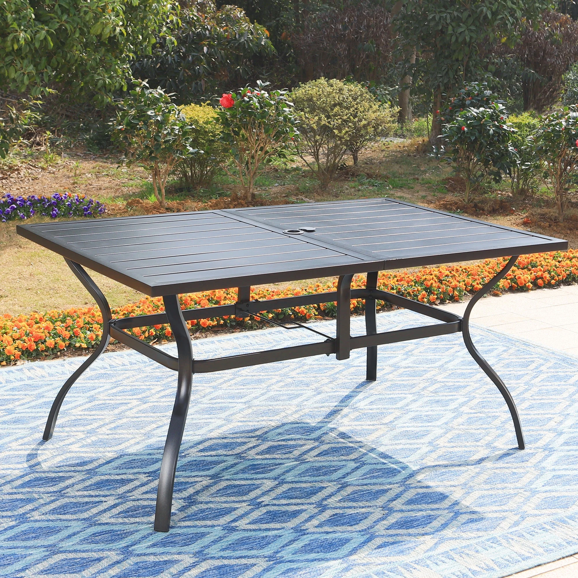 MF Studio 7-Piece Outdoor Patio Dining Set with High-Back Swivel Padded Chairs & Rectangle Table with Umbrella Support, Black & Gray