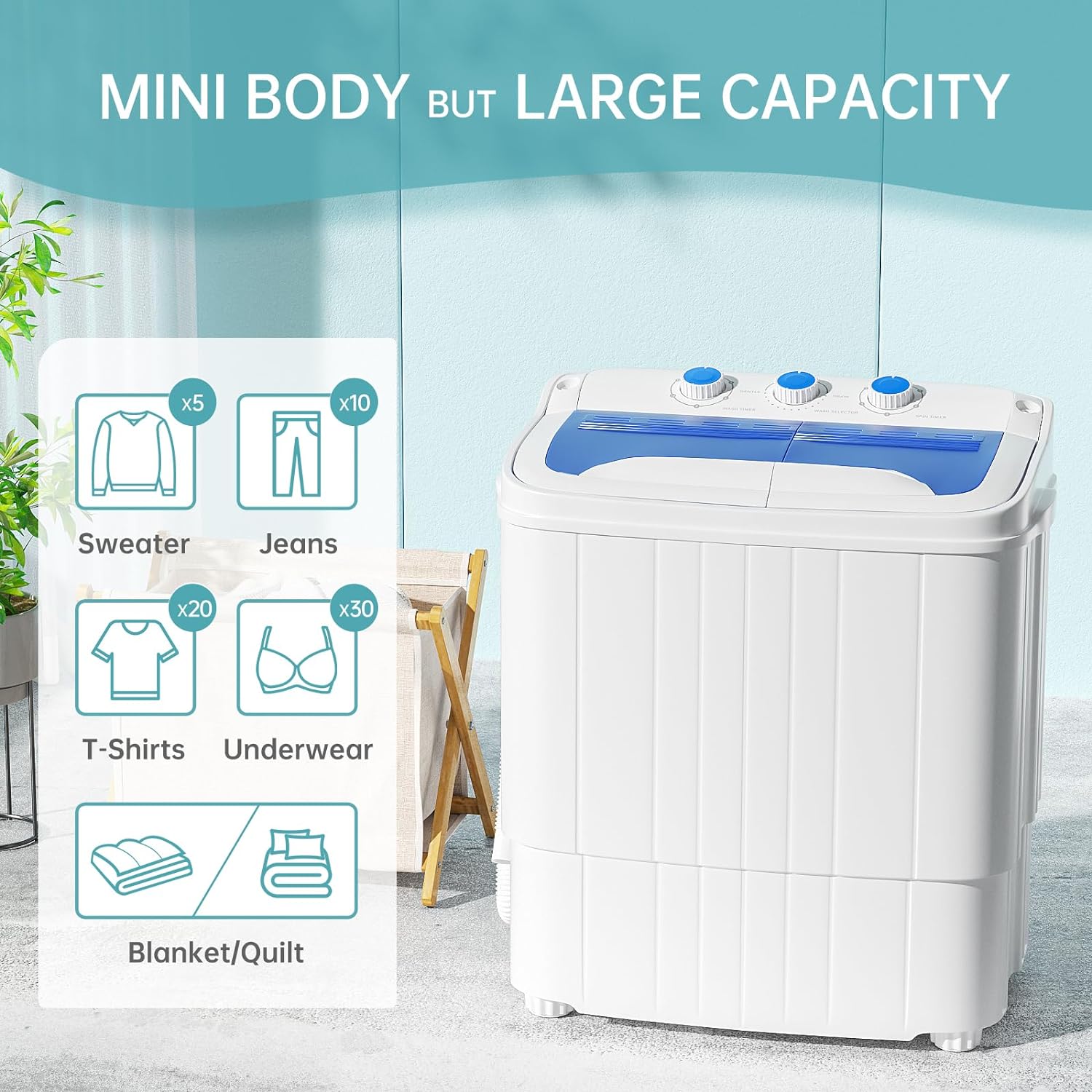 AUCHI Portable Washing Machine, 2 In 1 Small Washing Machine and Spin Dryer Combo, 14.5lbs Compact Mini Twin Tub Washing Machine for Camping