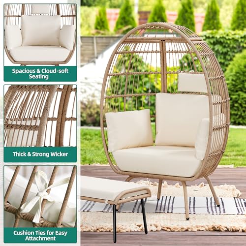 DWVO Rattan Egg Chair with Ottoman, Indoor Outdoor Egg Shape Wicker Chair for Patio, Backyard, Living Room, Basket Chair w/Footrest, 5 Cushions