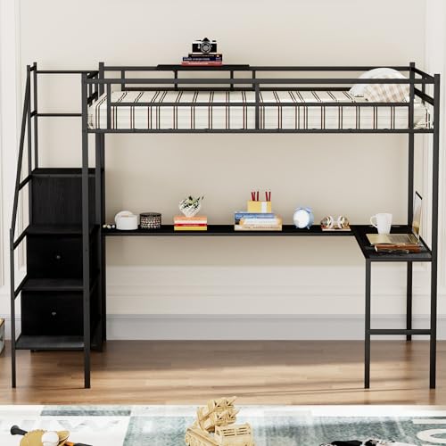 Full Size Loft Bed with L-Shaped Desk, LED Lights and Charging Station, Full Size Loft Bed with Stairs, Wardrobe and 2 Storage Drawers(Black Full)