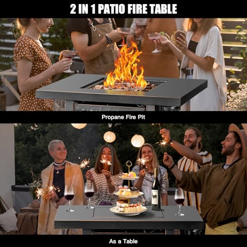 32 Inch Propane Fire Pit Table, Outdoor Gas Fire Pits with 2 Drink Holders, Lid & Lava Rock, 50000 BTU Firepit for Dinning, Party in Outside, Patio