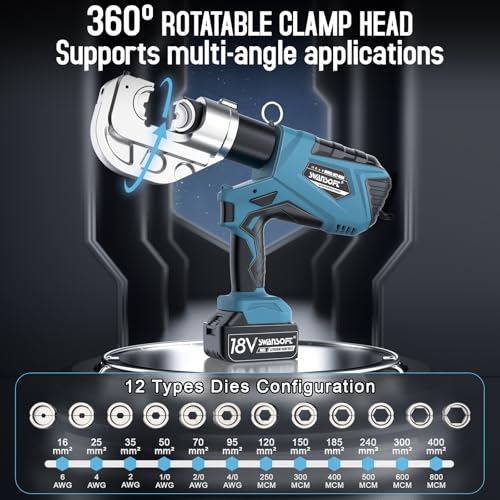 SWANSOFT Electric Hydraulic Cable Lug Crimping Tool, 12Ton 6AWG-800MCM Rechargeable Hydraulic Crimper for Cu/Al Terminal