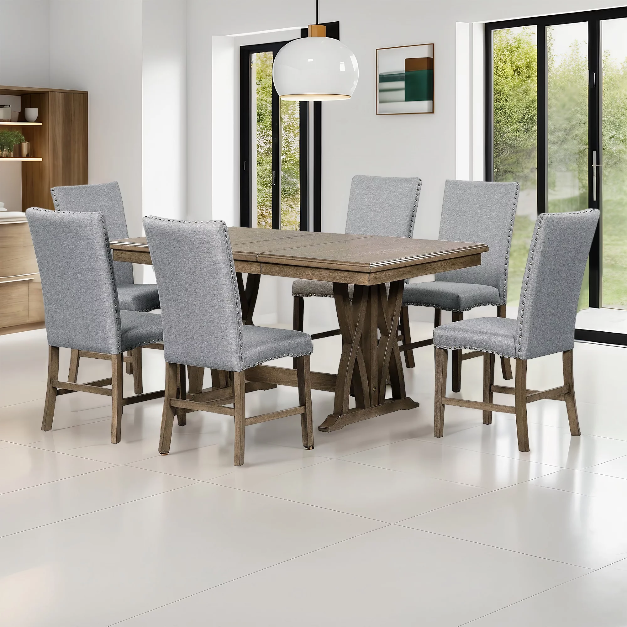 TOPMAX Mid-Century Solid Wood 7-Piece Dining Table Set Extendable Kitchen Table Set with Upholstered Chairs and 12" Leaf for 6