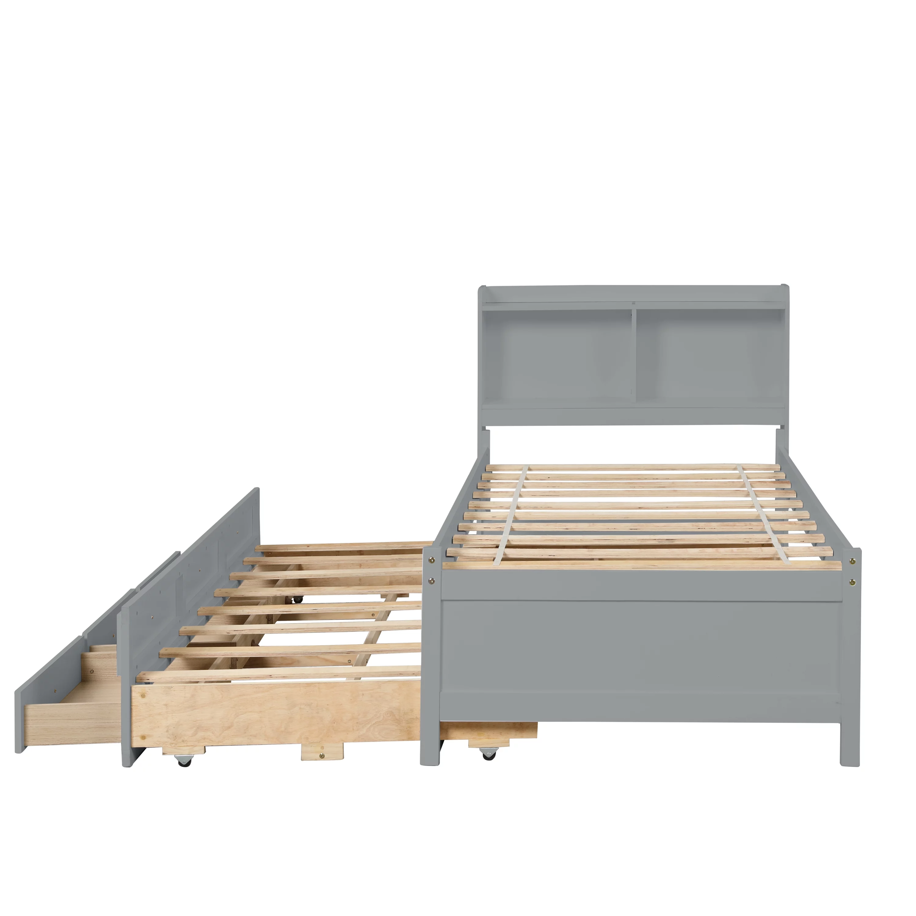 Twin Bed Frame with Bookcase Headboard,Wooden Twin Size Platform Bed with Trundle and 3 Storage Drawers,Twin Storage Bed for Kids Girls Boys