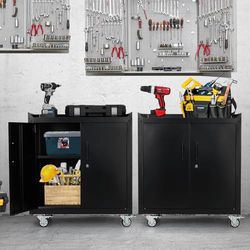 2 Door Tool Cabinets for Garage, Lockable Metal Storage Cabinet with Adjustable Shelves, Rolling Tool Chest, Garage Storage Cabinet with Wheels