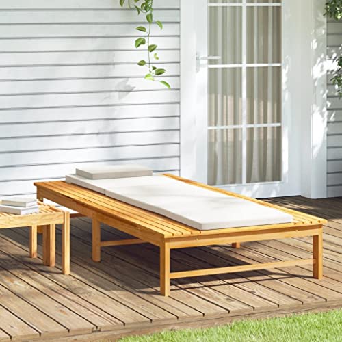 Sun Lounger with Cream White Cushion and Pillow Solid Wood Acacia,Acacia Wood Sun Lounger with Adjustable Backrest for Patio and Garden Relaxation