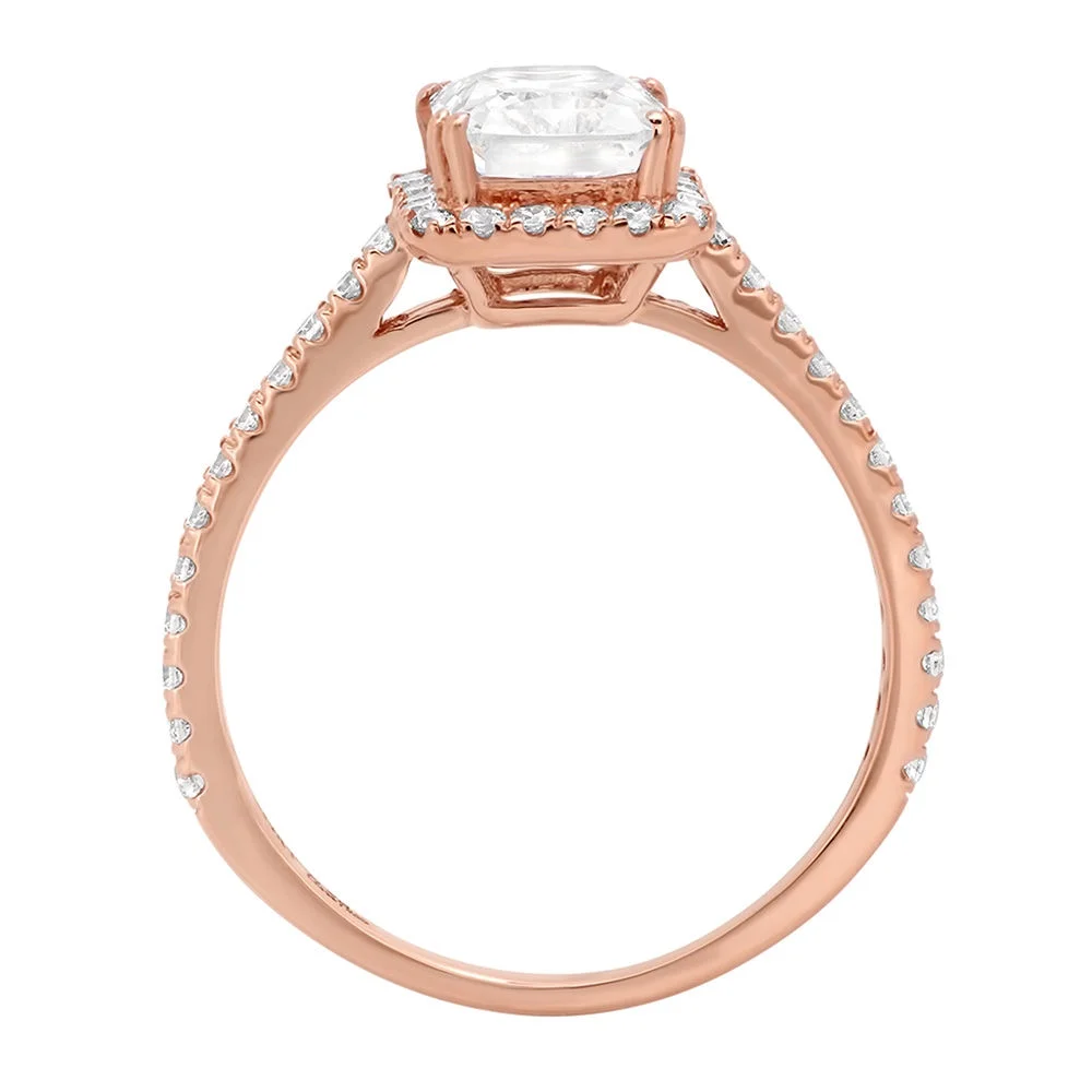 1.96 ct Emerald Cut Genuine Cultured Diamond SI1-SI2 G-H 18K Rose Gold Halo Promise Wedding Statement Engagement Designer Ring W/ Crystal side stones