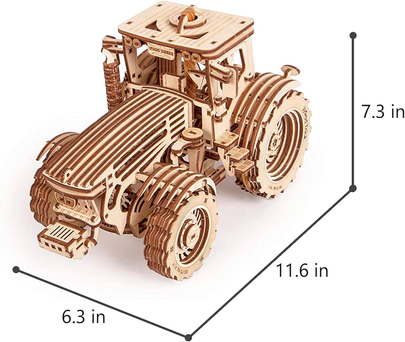 Wood Trick Wooden Mechanical Tractor Model Kit to Build for Adults and Kids - 11x7&Prime; - Detailed and Sturdy - Rubber Band Motor - 2 Speeds