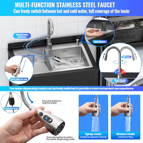 Stainless Steel Utility Sink, 30.8" × 22" × 39.5"Freestanding Sink with Cold and Hot Water Faucet,Hoses and Drain Kit for Kitchens, Bathrooms, Garage