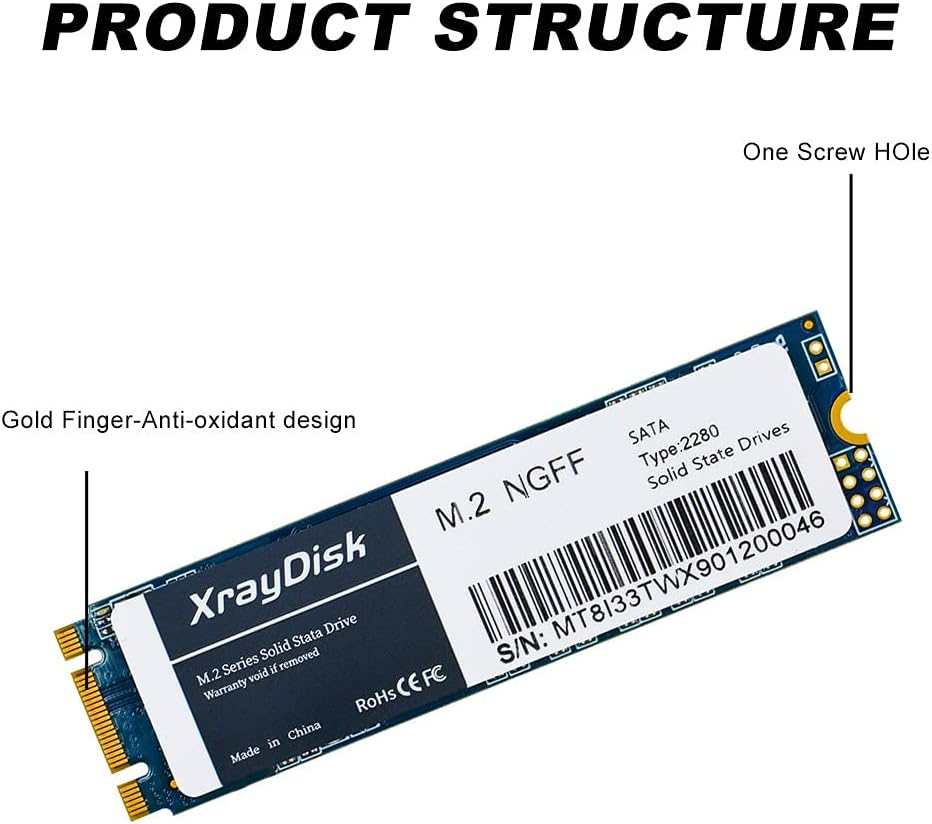 XrayDisk 1TB SSD with SLC Cache 3D NAND TLC M.2 2280 SATA III 6Gb/s Internal Solid State Drive SSD (Read/Write Speed up to 530/480 MB/s) 1000GB