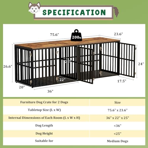 Dog Crate Furniture for 2 Dogs, 76” Wooden Dog Kennel with Divider, XXL Double Dog Crate Furniture Large Breed with 4 Doors